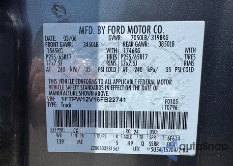 2006 Ford F150 Supercrew z USA, uszkodzony, nr VIN 1FTPW12V16FB22741